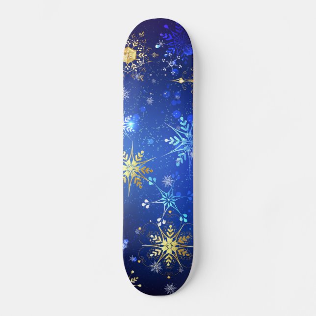 Skate Fundo Azul XMAS com Flocos de Neve Ouro (Frente)