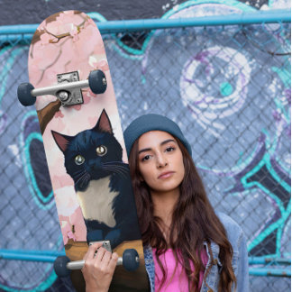 Skate Gato Bonito Numa Árvore De Flor De Cereja