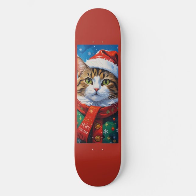 Skate Gato de Natal Festivo com Chapéu de Papai Noel (Frente)