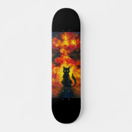 Skate Gato Negro en Estilo Acuarela con Fondo Llameante