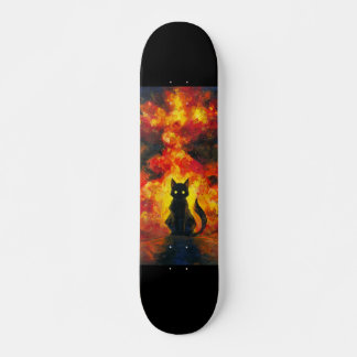 Skate Gato Negro en Estilo Acuarela con Fondo Llameante