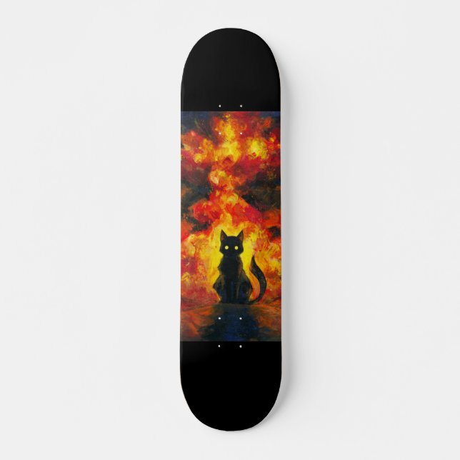 Skate Gato Negro en Estilo Acuarela con Fondo Llameante (Frente)