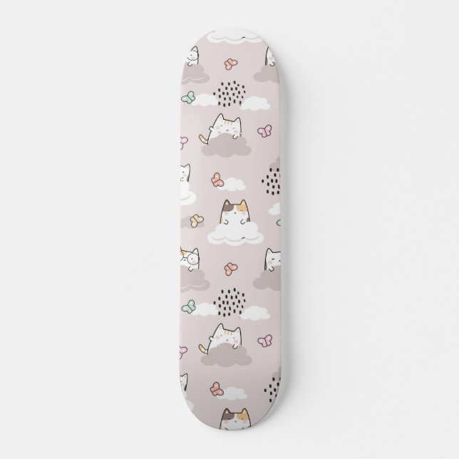 Skate Gatos Kawaii Cutis com Nuvens e Borboletas (Frente)