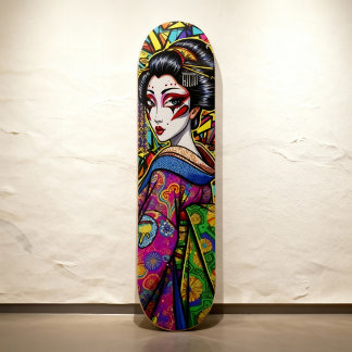 Skate Geisha Japonesa Vibrante no Retrato Kimono