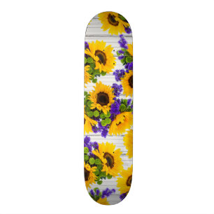 Skate Girassol amarelo roxo de madeira branco rústico d