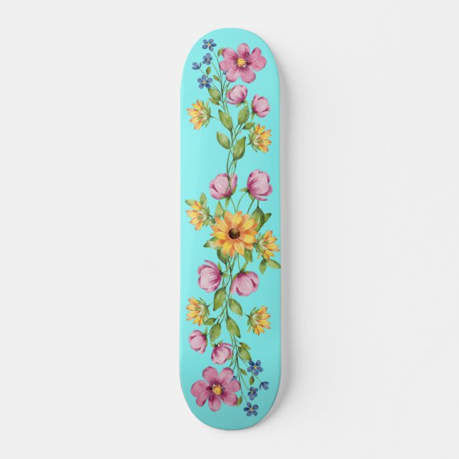 Skate Girassol e flores silvestres bonito no Teal Skateb (Frente)