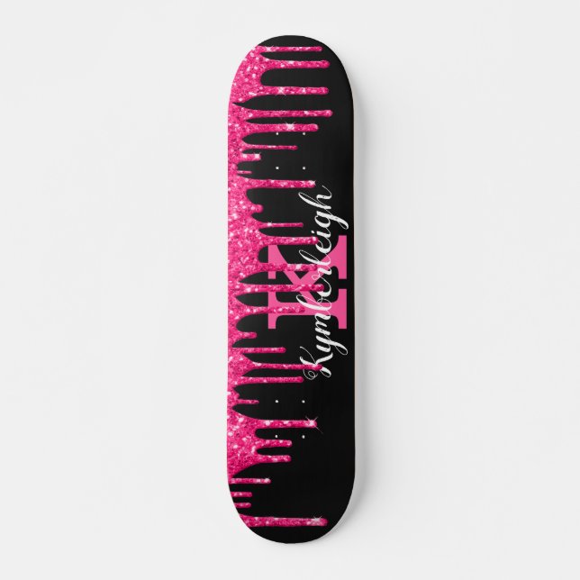 Skate Girly Black Hot Pink Glitter Drives Nome do Monogr (Frente)