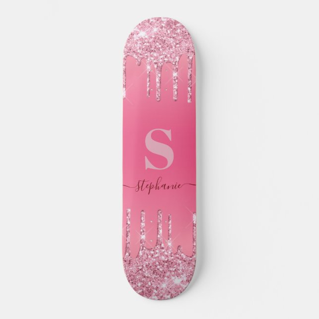 Skate Girly Pink Sparkle Glitter Monograma (Frente)