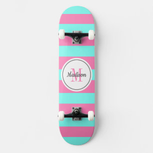 Skate Girly Pink Teal Stripes Monograma Personalizado