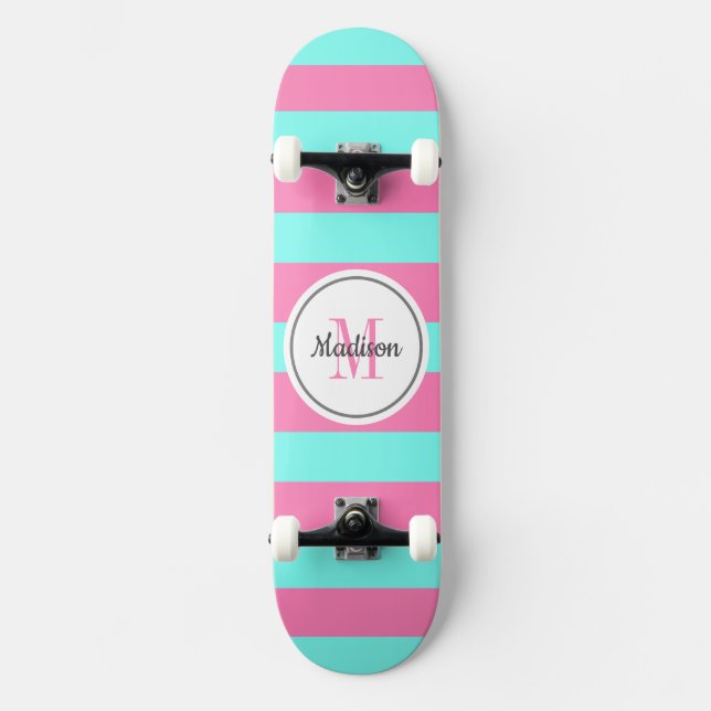 Skate Girly Pink Teal Stripes Monograma Personalizado (Frente)