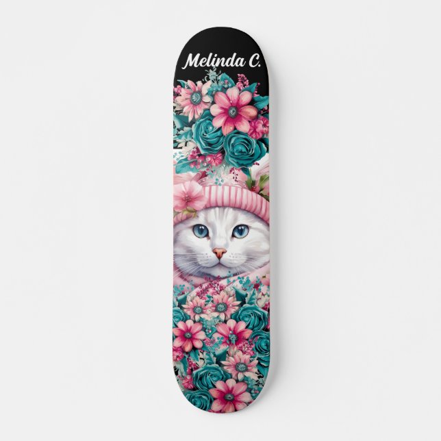 Skate Girly Teal & Pink Flowers Kitten Natal (Frente)