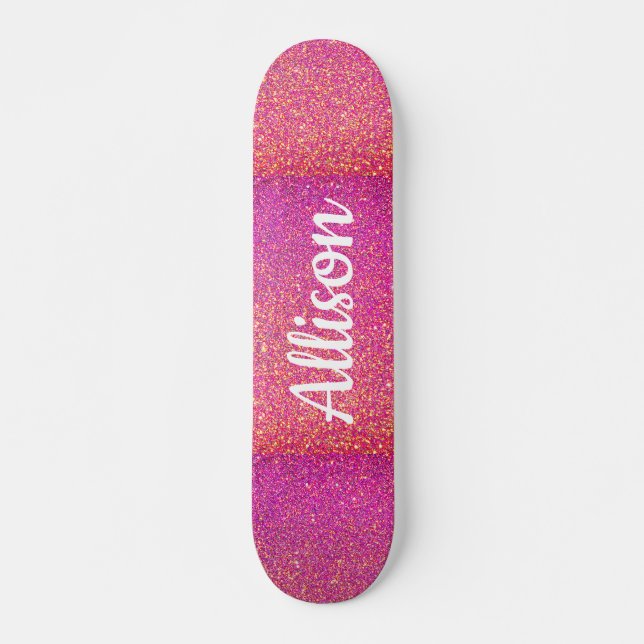 Skate Glitter Brilhante Rosa Girly Personalizado (Frente)