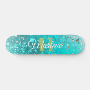 Skate Glitter Girly Teal Sereia Monograma Nome Fantasia