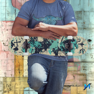 Skate Grafite minimalista com matizes oceânicos e Abstra