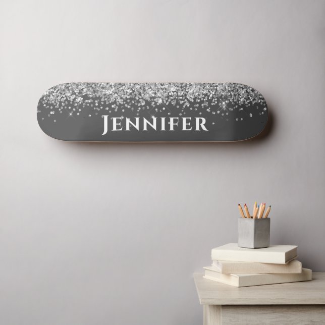 Skate Gray And Silver Faux Glitter Aesthetic Custom Name (Arte de parede (Horz))