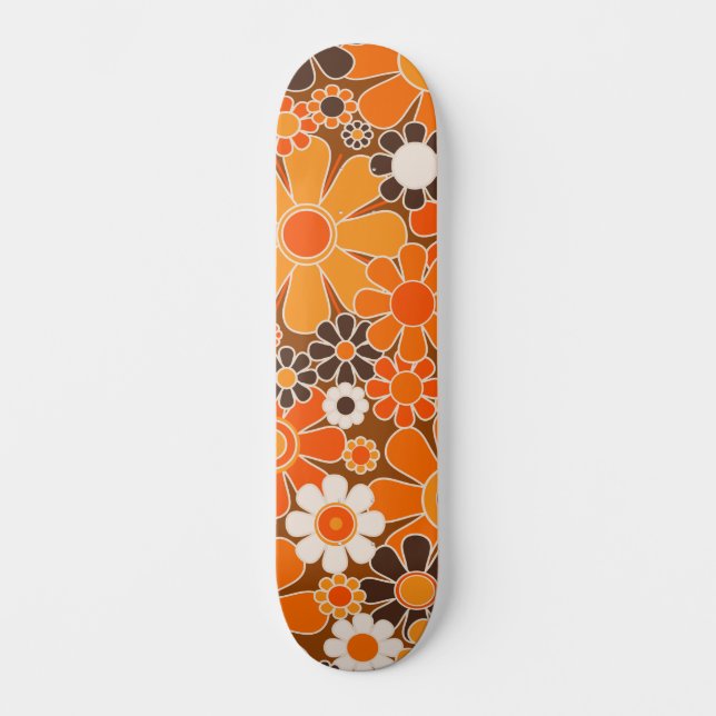 Skate Groovy Retro 70s Padrão Floral Laranja e Castanho (Frente)