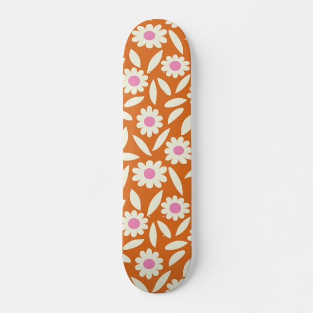 Skate Groovy Retro Daisies Flowers Padrão em laranja (Frente)
