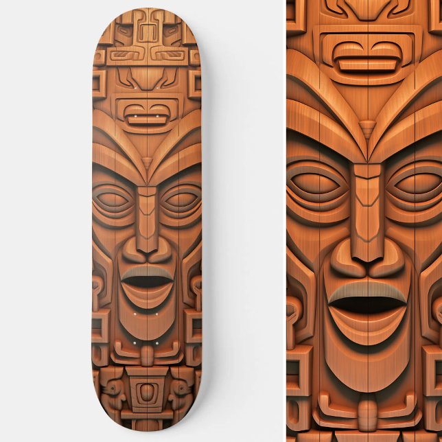Skate havaiano Totem Tiki Mask Wood Art (Hawaiian Totem Tiki Mask Wood Art Skateboard)