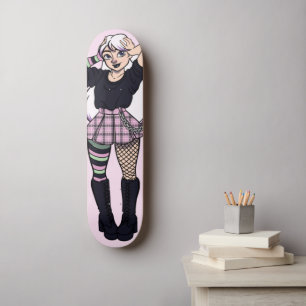 Skate Ilustração de mangá verde rosa-rosa com pinta-pint