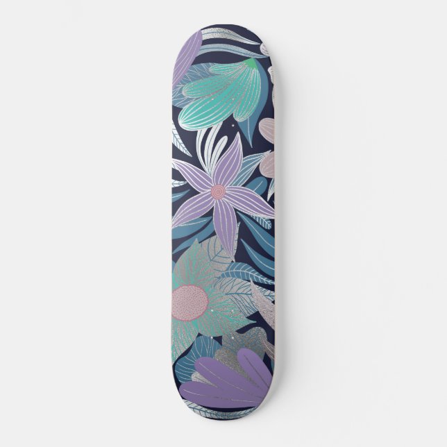 Skate Ilustrações de Folhas Azuis Prateadas (Frente)