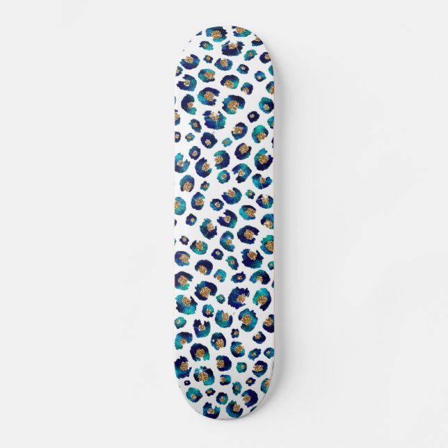 Skate Impressão Animal Leopardo Azul-Dourado Elegante (Frente)