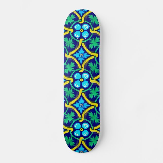 Skate Impressão Floral Amarelo-Teal Design Mexicano (Frente)