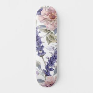 Skate Jardim Floral de Peônia Lavanda em Aquarela 