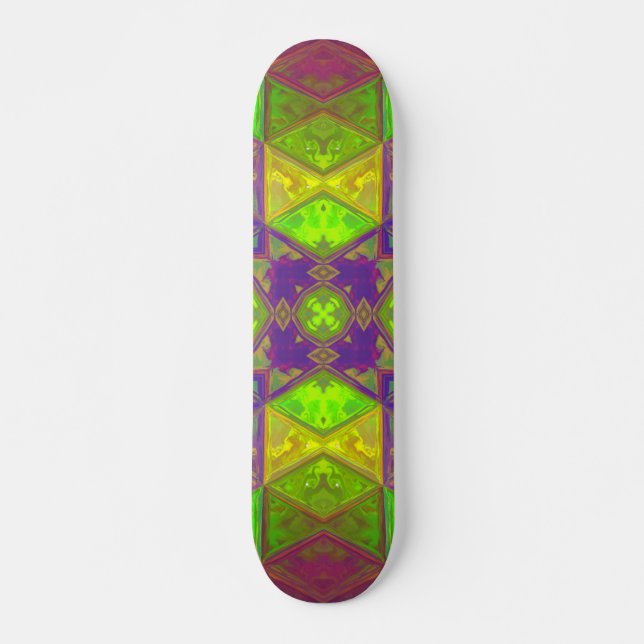 Skate Kaleidoscópio Quadrado Verde Roxo e Amarelo (Frente)