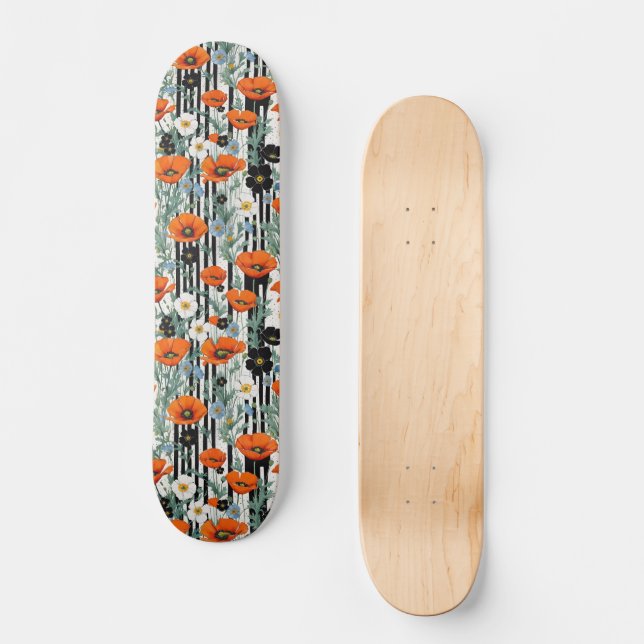 Skate Laranja California Poppies Black Strips Floral (Frente)
