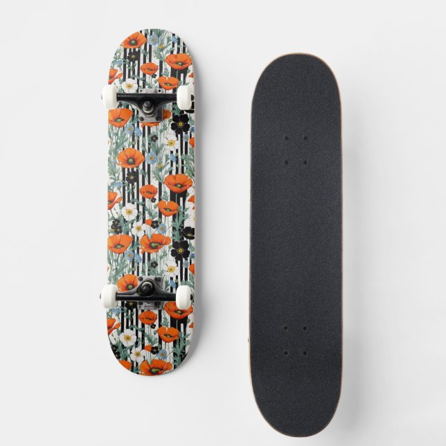 Skate Laranja California Poppies Black Strips Floral (Frente)