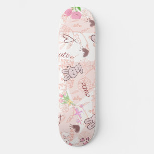 Skate Lindo Coelho Kawaii Japonês e Xadrez Gingham Rosa