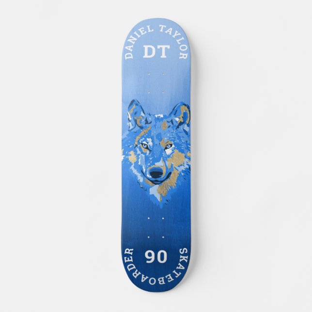 Skate Lobo Monograma de Gradação de Tinta Dourada Azul (Frente)
