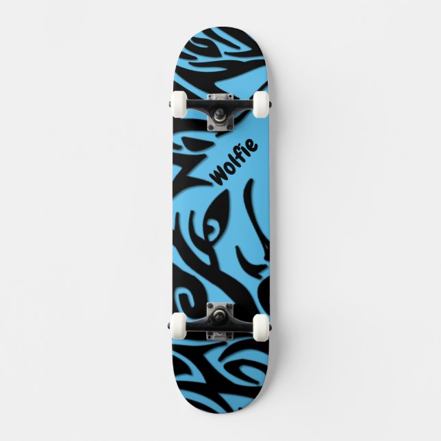 Skate Lobo Tribal Abstrato Azul e Negro com Nome Skat (Frente)