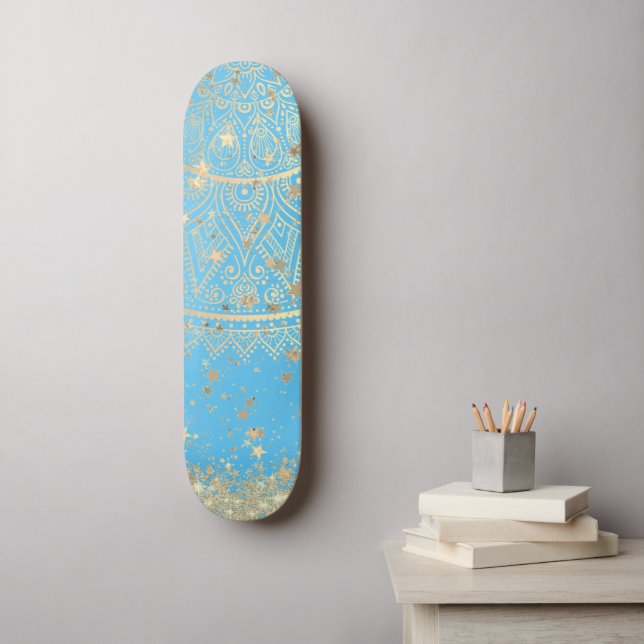 Skate Lotus Mandala Glitter Estrelas Douradas em Turques (Arte de parede)