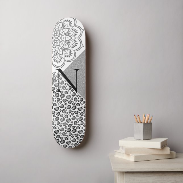 Skate Lotus Mandala Leopard Silver Glitter Monograma (Arte de parede)
