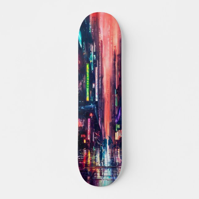 Skate Luzes Neon CityScape em Design de chuva (Frente)