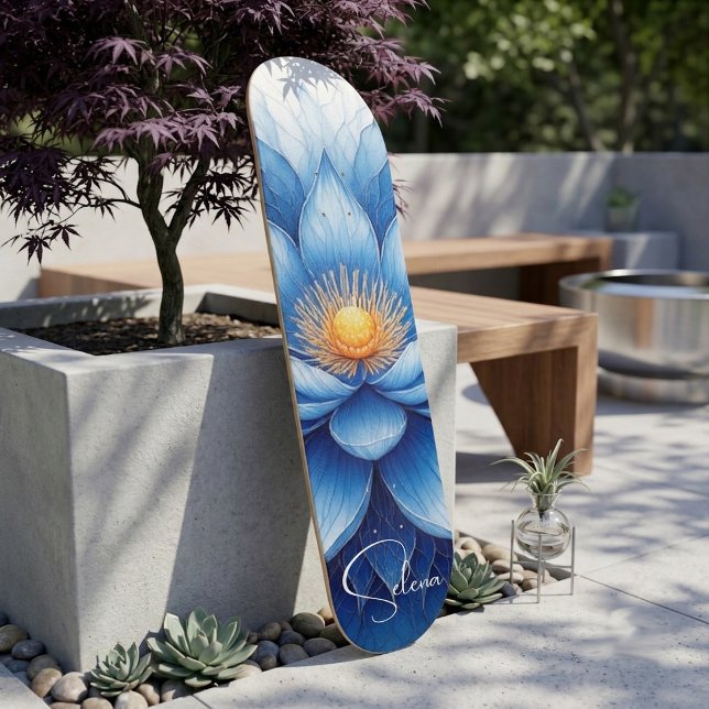 Skate Mandala do Lótus Azul Espiritualidade Paz Boho (Blue Lotus Mandala Spiritual Awareness Peace Boho Skateboard)