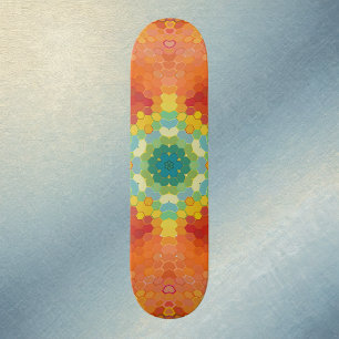 Skate Mandala Hexagonal Laranja Amarelo Vermelho e Azul