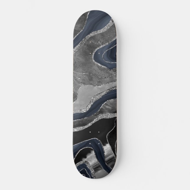 Skate Marinho Azul Preto Marble Agate Silver Glitter Gla (Frente)