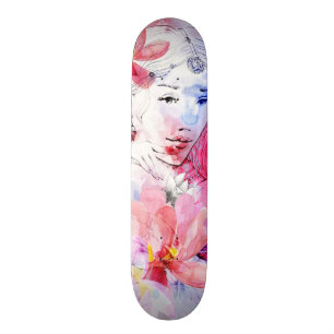 Skate Menina bonita com um buquê das flores