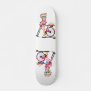 Skate Menina Loura-Gira com Bicicleta Rosa e Gato nas Fl