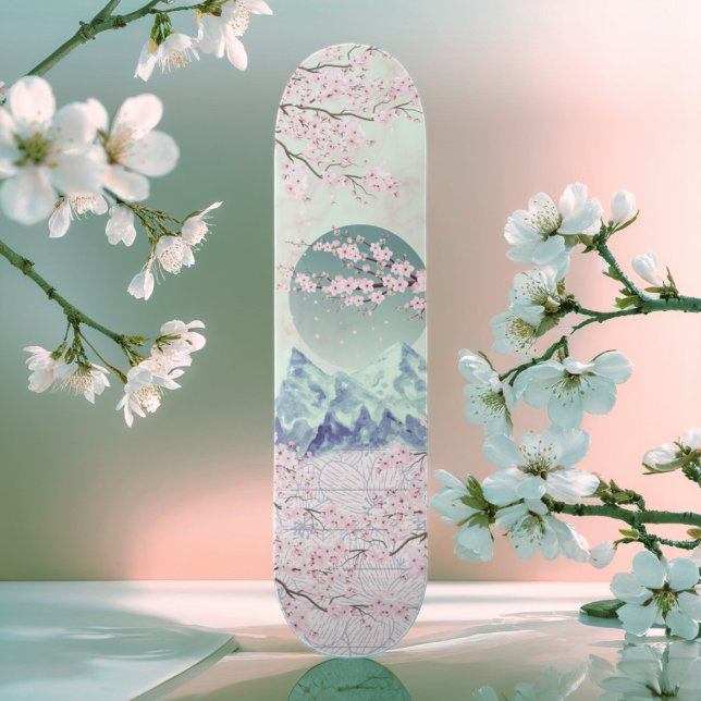 Skate Mint Green Blue Cereja Blossom Moon Mountain (Criador carregado)