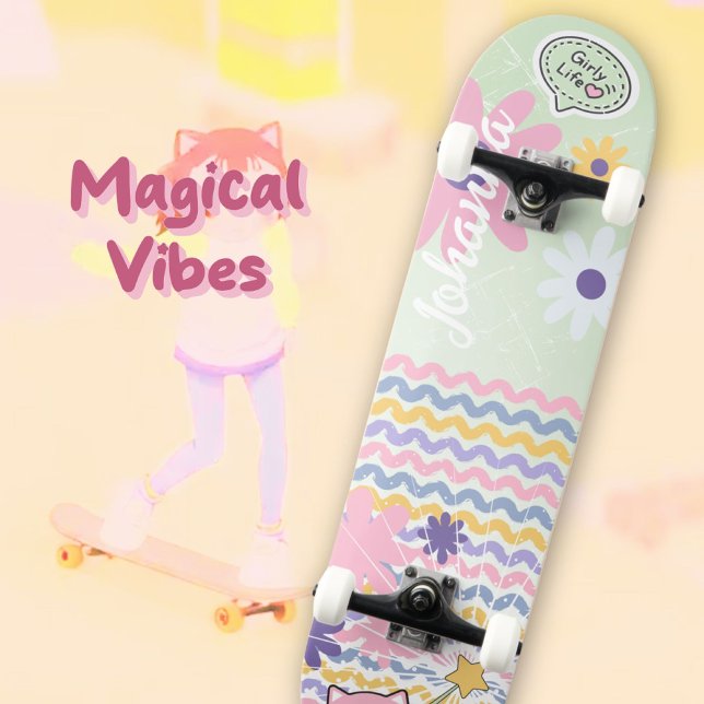 Skate Mint Green Pastel Floral Striped Girly Cat Magical (Mint Green Pastel Floral Striped Girly Cat Magical Skateboard ©Susanne Sachers - Sunny Wanderlust 🌞)