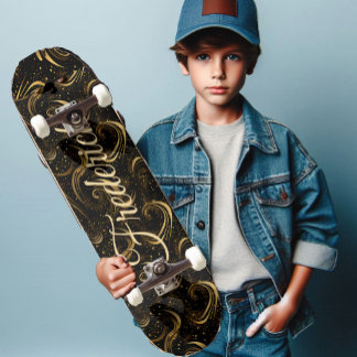 Skate Modern Black Gold Leafy Swirls Decorative Art Name