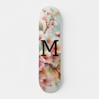 Skate Monograma de aquarela floral com flores de cerejei