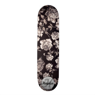 Skate Monograma floral chique na moda do vintage preto &