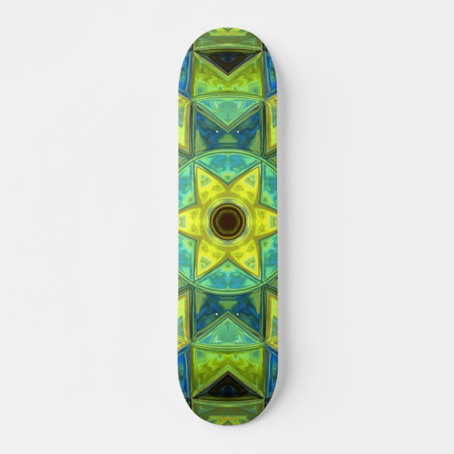 Skate Mosaico Caleidoscópio Flor Amarelo e Azul (Frente)