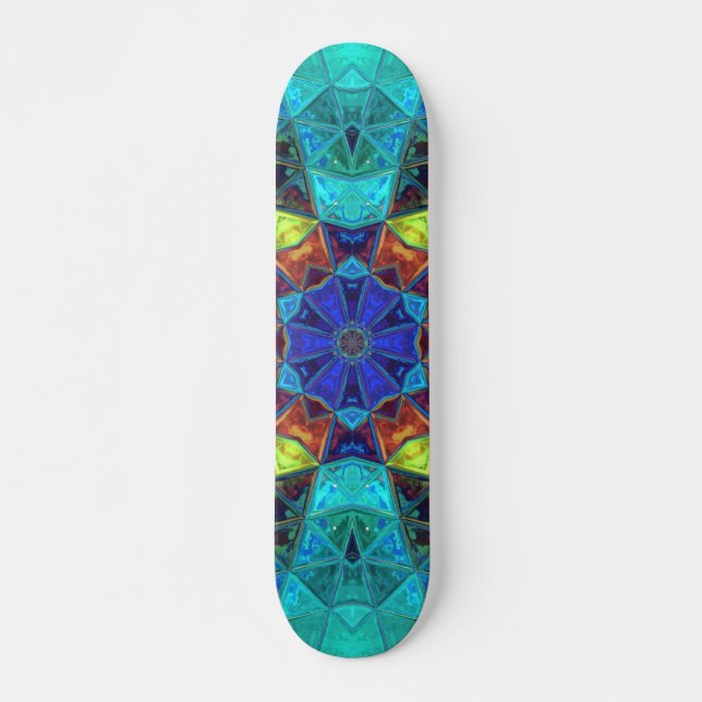 Skate Mosaico Caleidoscópio Flor Azul Verde e Laranja (Frente)
