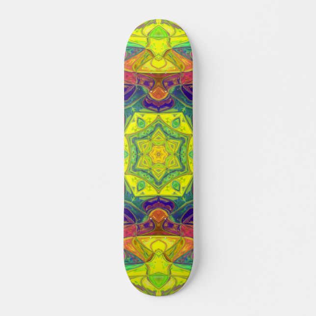 Skate Mosaico Mandala Flor Amarelo Azul e Verde (Frente)