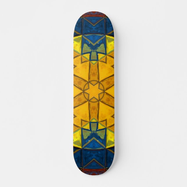 Skate Mosaico Mandala Flor Amarelo Azul e Vermelho (Frente)